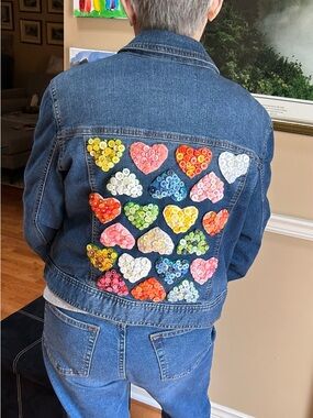 Denim Jacket with Colorful Heart Button Appliqués